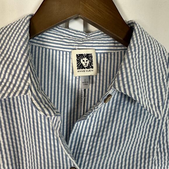 Anne Klein Blue‎ White Stripe Seersucker Sleeveless Midi Shirt Dress Sz 2 Preppy - Picture 2 of 9